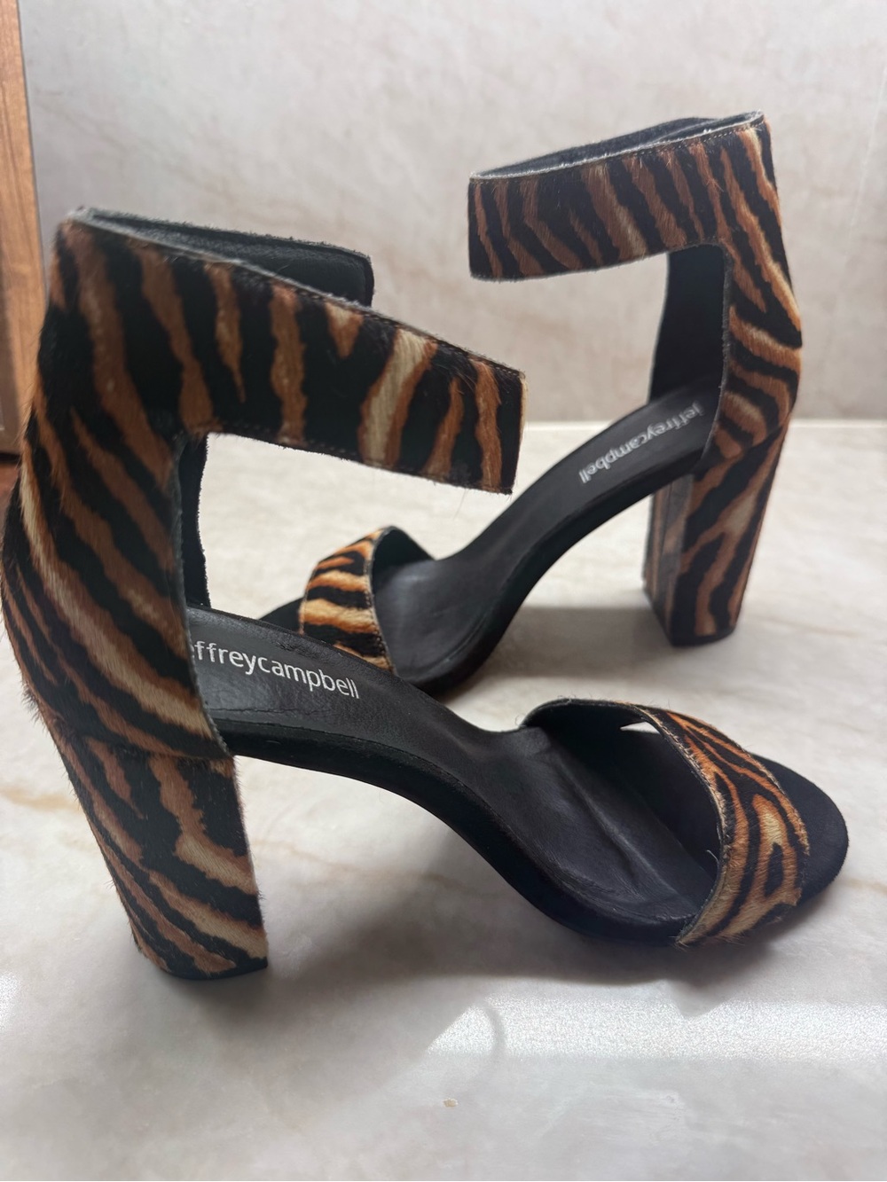 Jeffrey Campbell Ankle Strap Tiger Print Block Heel Sandals in Brown/Black - 7